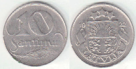 1922 Latvia 10 Santimu A003919